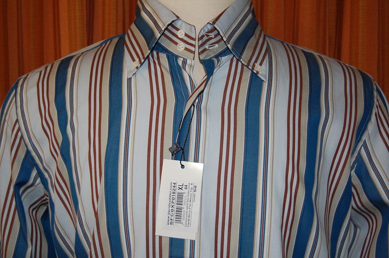 David Saddler Long Sleeve Blue Brown Tan Cotton Stripe Button Down
