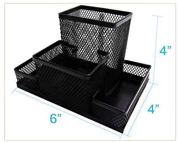 Black Mesh Desk Organizer, 4 Compartments, 6x4x4, metal steel