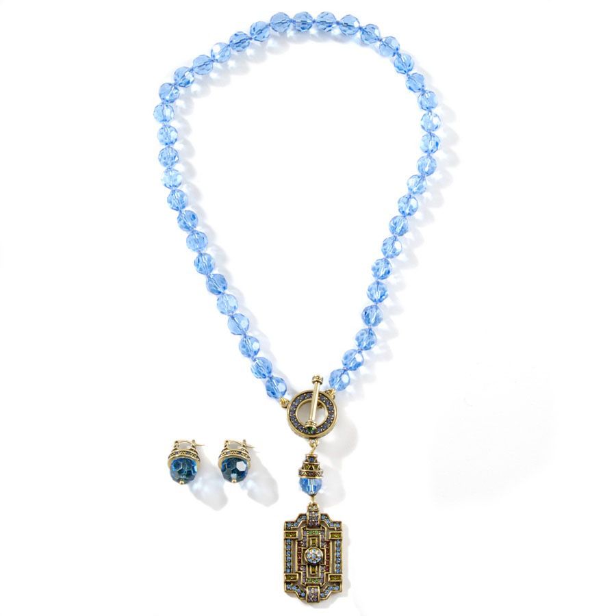  TOGGLE DROP BLUE FACETED CRYSTAL BEADED NECKLACE and EARRING SET NEW