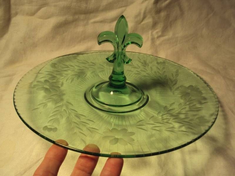 Antique Green Depression Glass Tray Fleur de Lis Handle