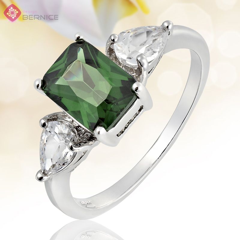  Jewelry Emerald Cut Green Emerald White Gold Plated Cocktail Ring 6 M