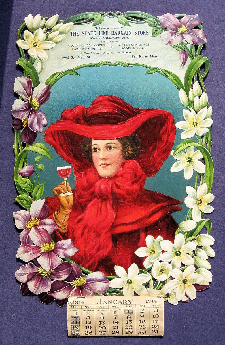  1914 Die Cut Calendar Beautiful Lady in Red Fall River Mass