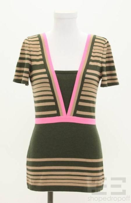 Fendi Olive Green Tan Striped Pink Trim Sweater Size 40