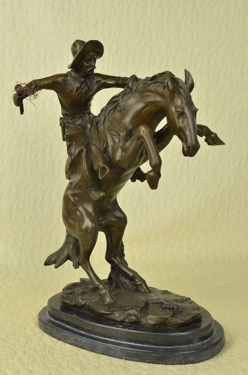 Frederic Remington Bronze Cowboy Mounted On Horse Statue Marble Base