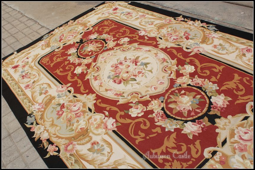 FREE SHIP 6X9 French Aubusson Area Rug BLACK CREAM RED w Pink Rose