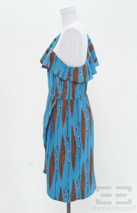 Frock by Tracy Reese Blue Orange Printed Silk One Shoulder Dress Size