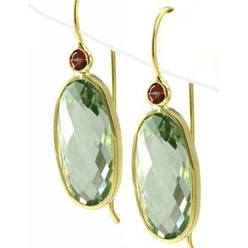  Oval Green Amethyst Garnet Dangle Drop Earrings 14k Yellow Gold
