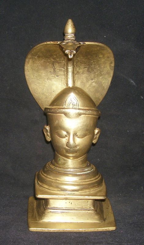 Antique Hindu God Shiva Head with Nagatraditional Indian Ritual Bronze