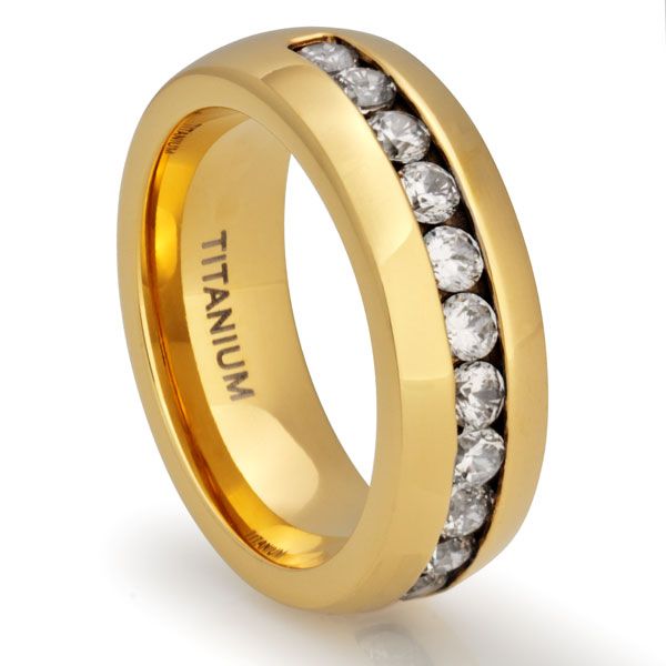 Titanium 18K Gold Plated Ring Wedding Band Simulated Diamond Jewelry