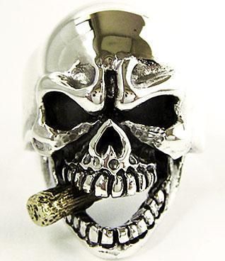 14k Gold Cigar Skull Sterling Silver Biker Ring Sz 8