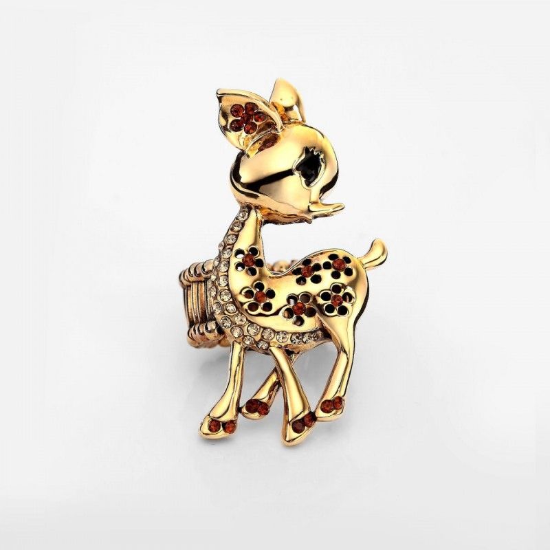 14k Gold Plated Rhinestone Spotted Deer Stretch Cocktail Ring Coffee