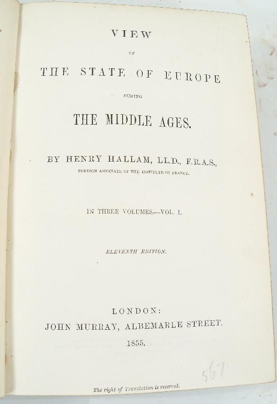 1855 Europe in The Middle Ages Henry Hallam 3 Vol