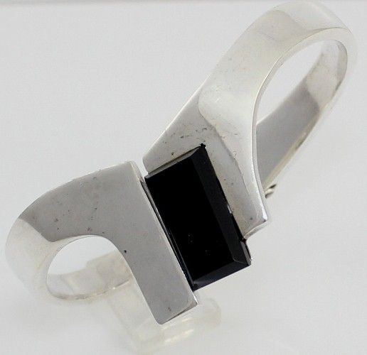   Sterling Silver 925 Heavy Hinged Clamper Black Onyx Bangle Bracelet