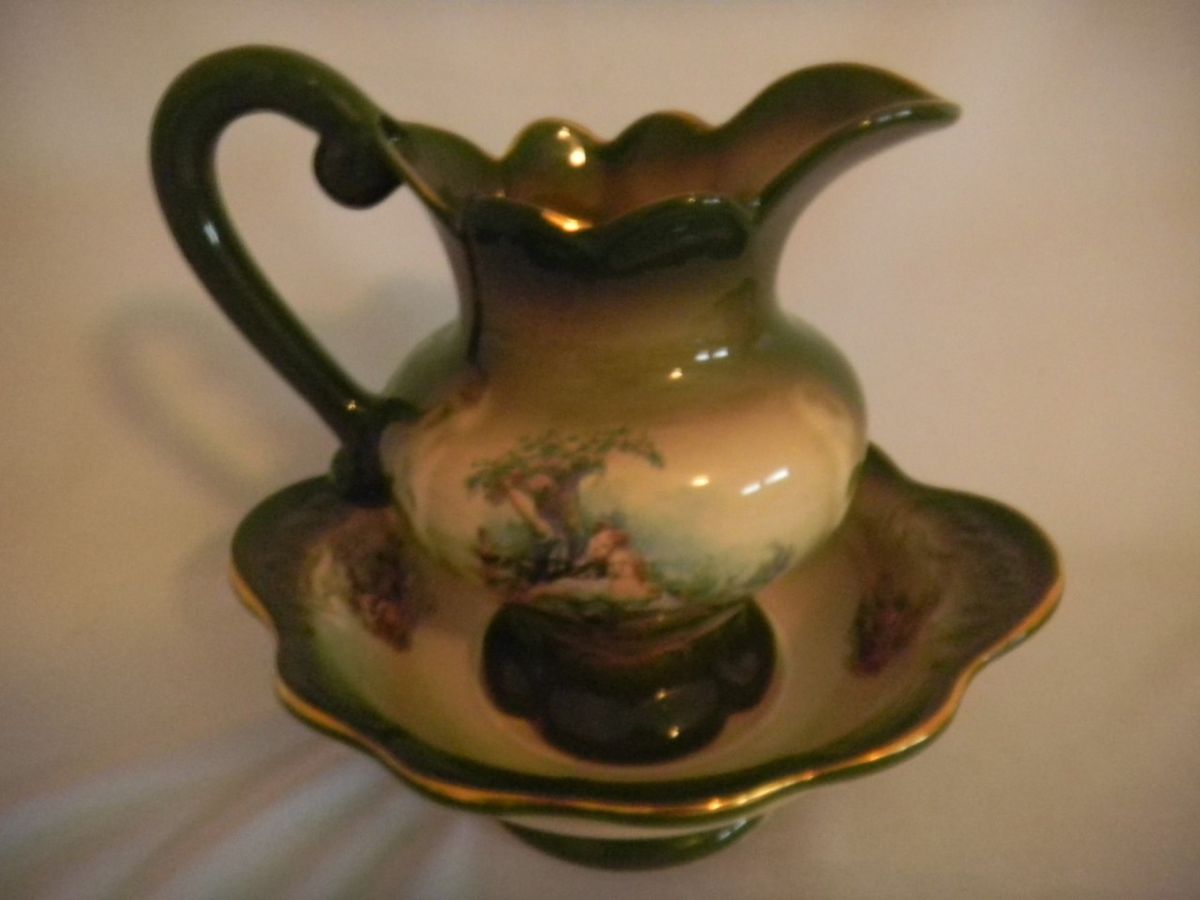 WATER PITCHER & Wash Basin GREEN Victorian Scenes K H POTTERY England