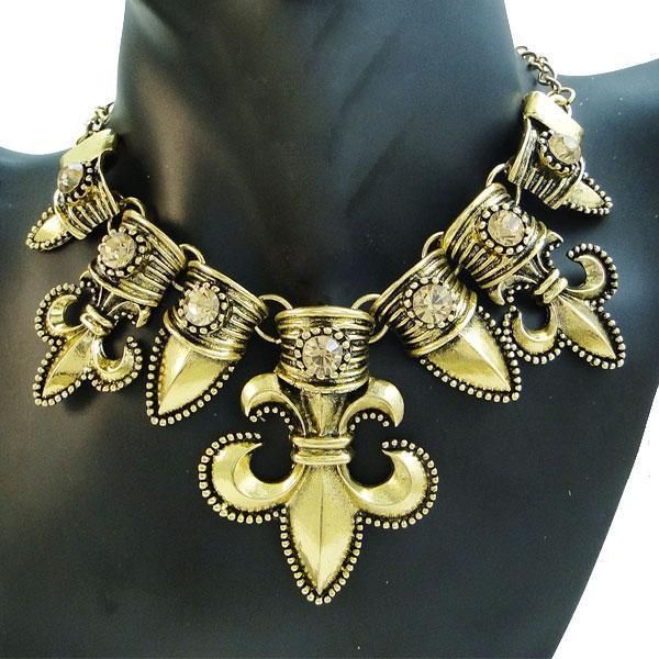  Style Gold Tone Fleur de Lis Flower Crystal Necklace Pendant