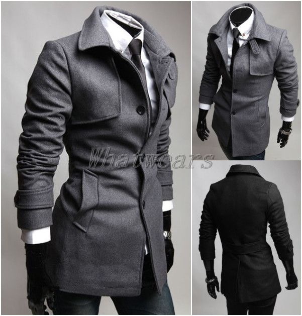 JJ Mens Slim Single Breasted Long Trench Jacket Wool Coat 2 Color M