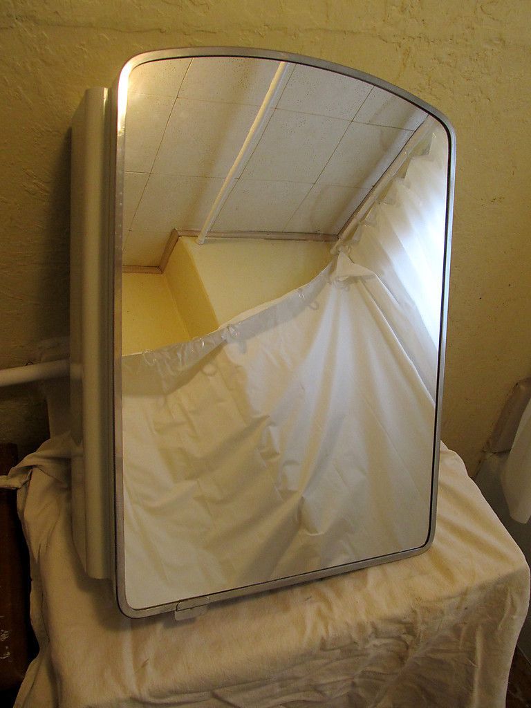 Vintage 1950s Lawson Bathroom Mirror White Metal Medicine Cabinet w