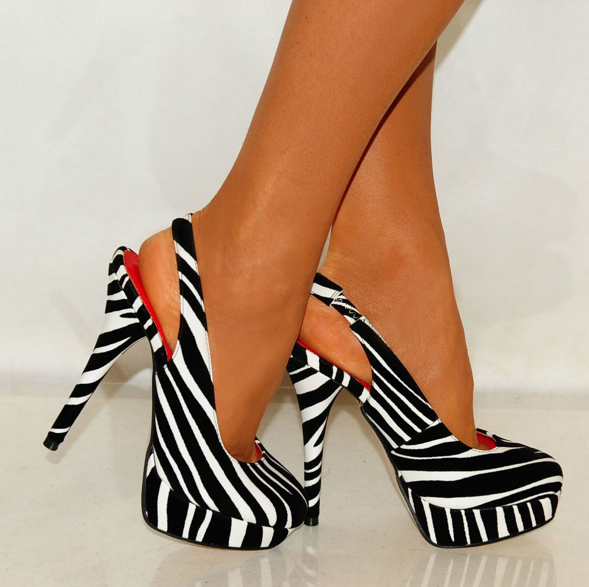 Ladies Black White Animal Print Zebra Print High Heels Sling Backs