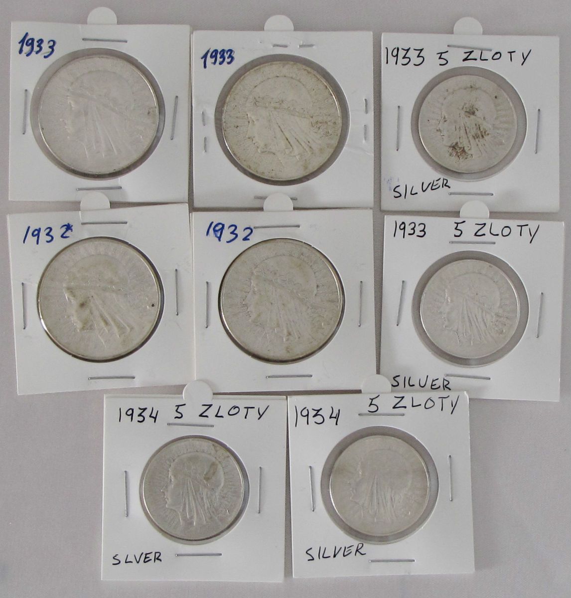 Lot of 8 Coin 1932 1933 Silver Poland 5 10 Zlotych 1934