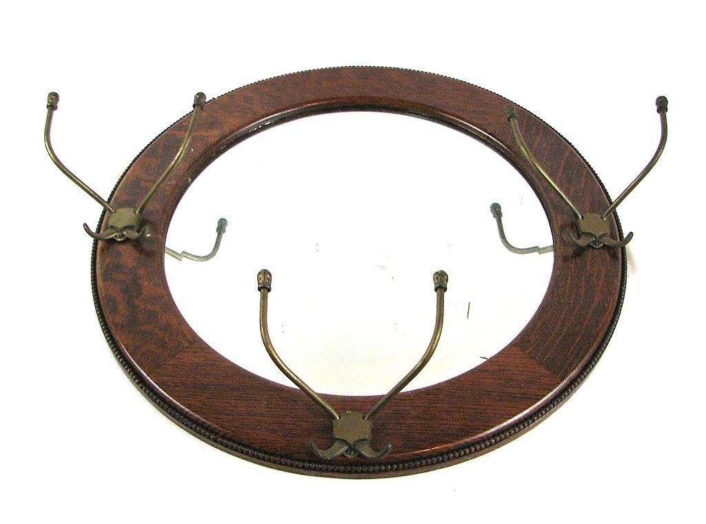 Vintage Oval Beveled Oak Wall Mirror with Original Arts & Crafts