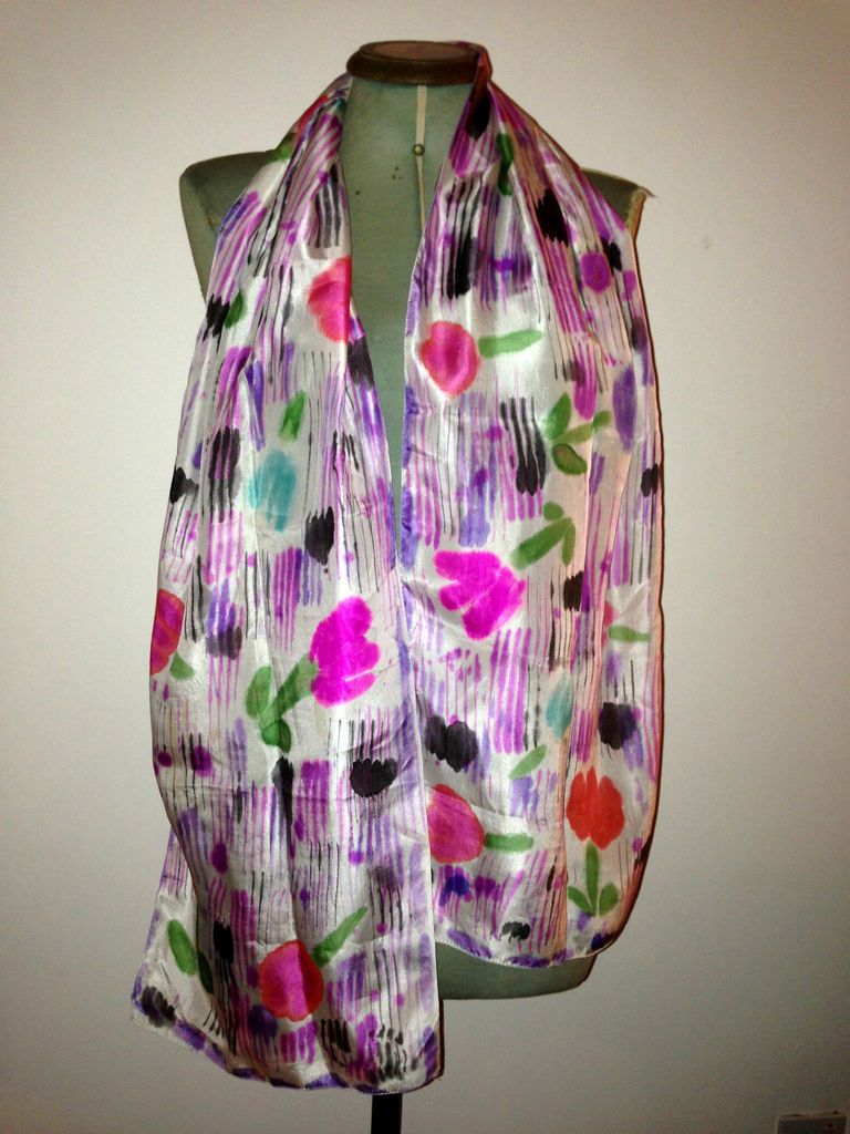 Vintage Long Silk Floral Tulip Hand Painted Scarf