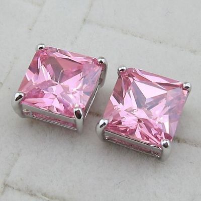 LOVELY PINK SQUARE CUT CZ GEMSTONE GOLD FILLED STUD EARRINGS E181 4