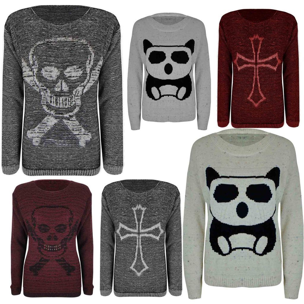 Ladies Big Panda Skull Cross Bones Print Knitted Jumper Womens Sweater