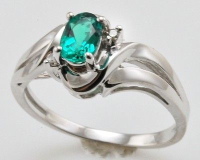 listed Lab Created Emerald and Diamond Sterling Silver Ring Size 7