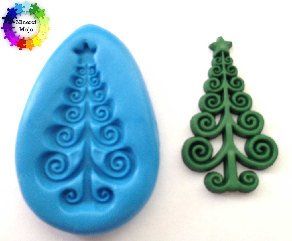 Scroll Xmas Tree Christmas Silicone Mould Cupcake Card Topper, Fimo