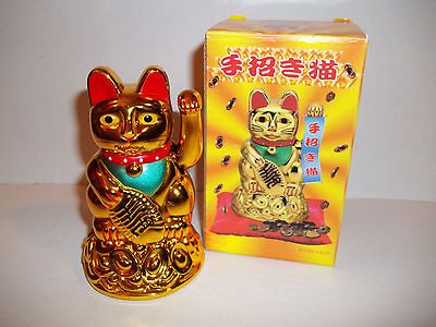 GOLD CHINESE LUCKY FORTUNE WAVING CAT,11cm Tall, FENG SHUI, Ideal