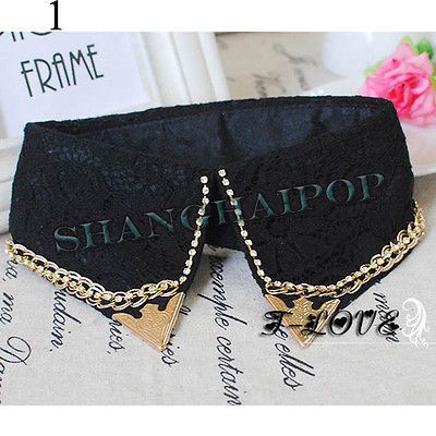 Women False Shirt Collar Lace Metallic Tip Diamante Chain Necklace