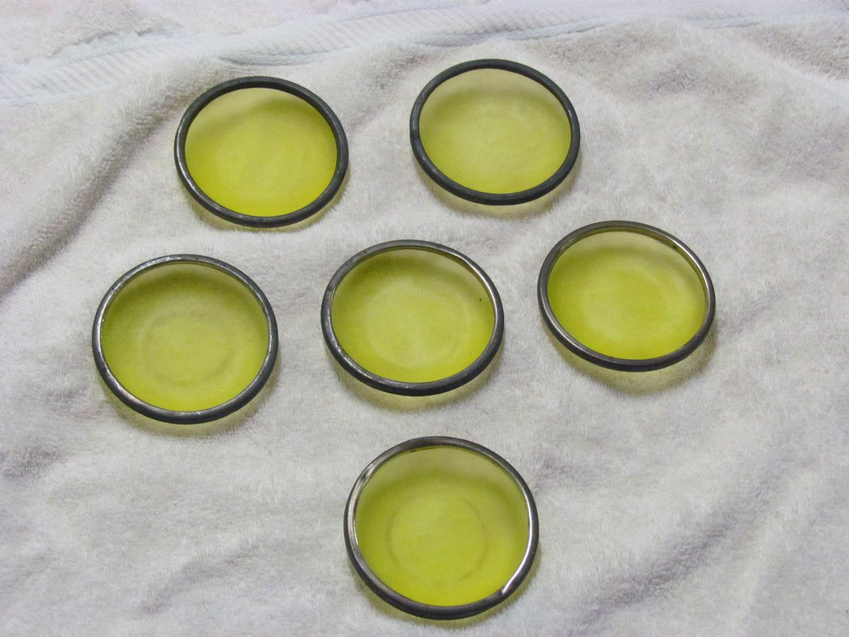 Vintage Yellow Glass Coaster Set with Sterling Silver Rims